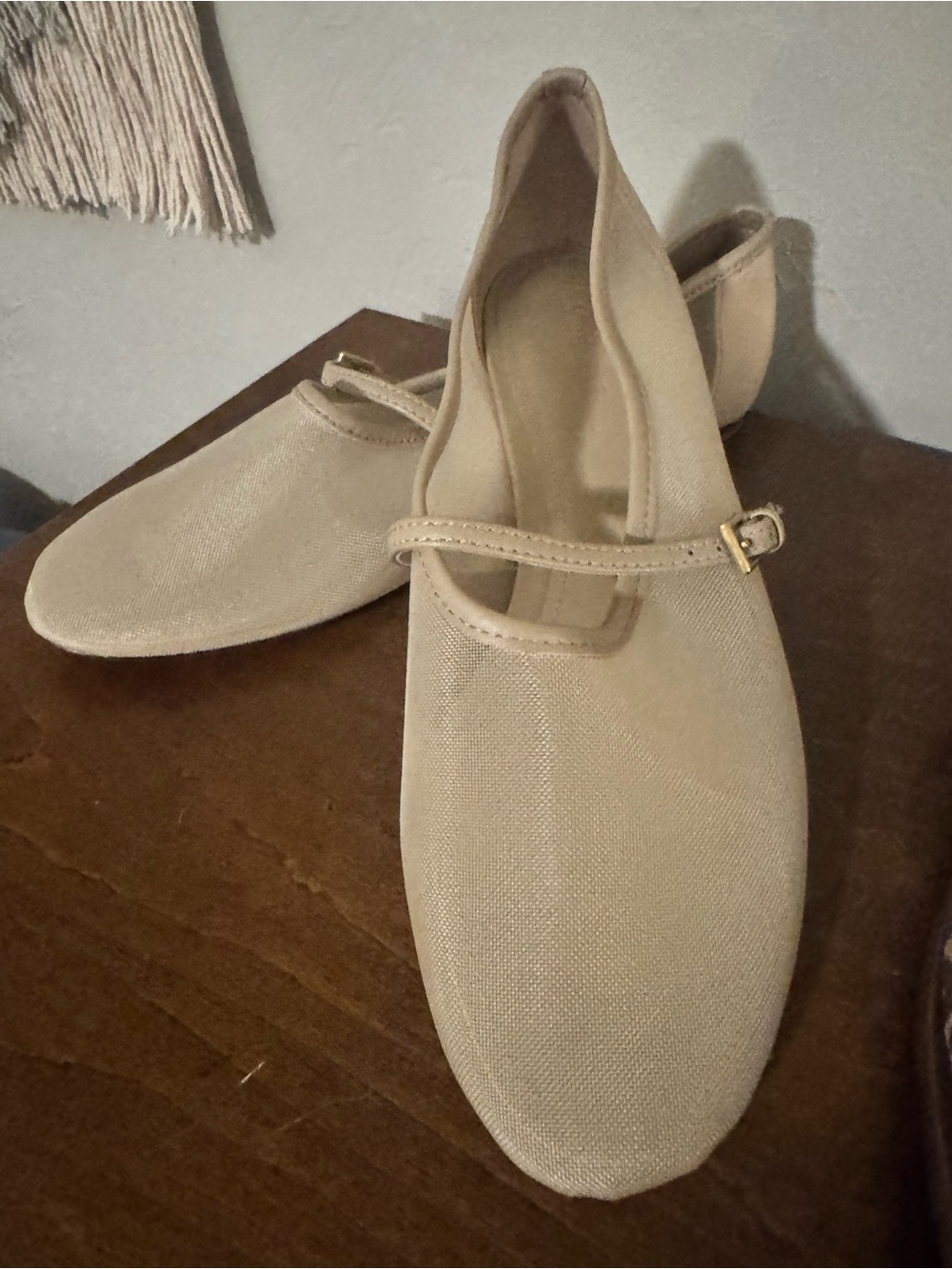 Massimo Dutti Beige Canvas Mary Jane Flats with Gold Buckle